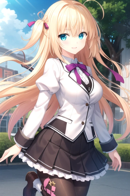 ((masterpiece)),(best quality),official art,extremely detailed CG,unity 8k wallpaper,ultra detailed,beautiful detailed eyes,extremely detailed face,outdoors,1girl,solo,cowboy shot,looking at viewer,facing viewer,smile,Sakurakouji Tsukuyomi,ahoge,very long hair,blonde hair,one side up,hair intakes,purple hair ribbon,floating hair,hair between eyes,bangs,aqua eyes,school uniform,(white jacket),suit jacket,wing collar,pink neck ribbon,white shirt,collared shirt,center frills,large breasts,underbust,juliet sleeves,puffy sleeves,long sleeves,shirt tucked in,black skirt,pleated skirt,plaid skirt,frilled skirt,black pantyhose,argyle legwear,boots,<lora:Sakurakouji Tsukuyomi(ac):0.9>,