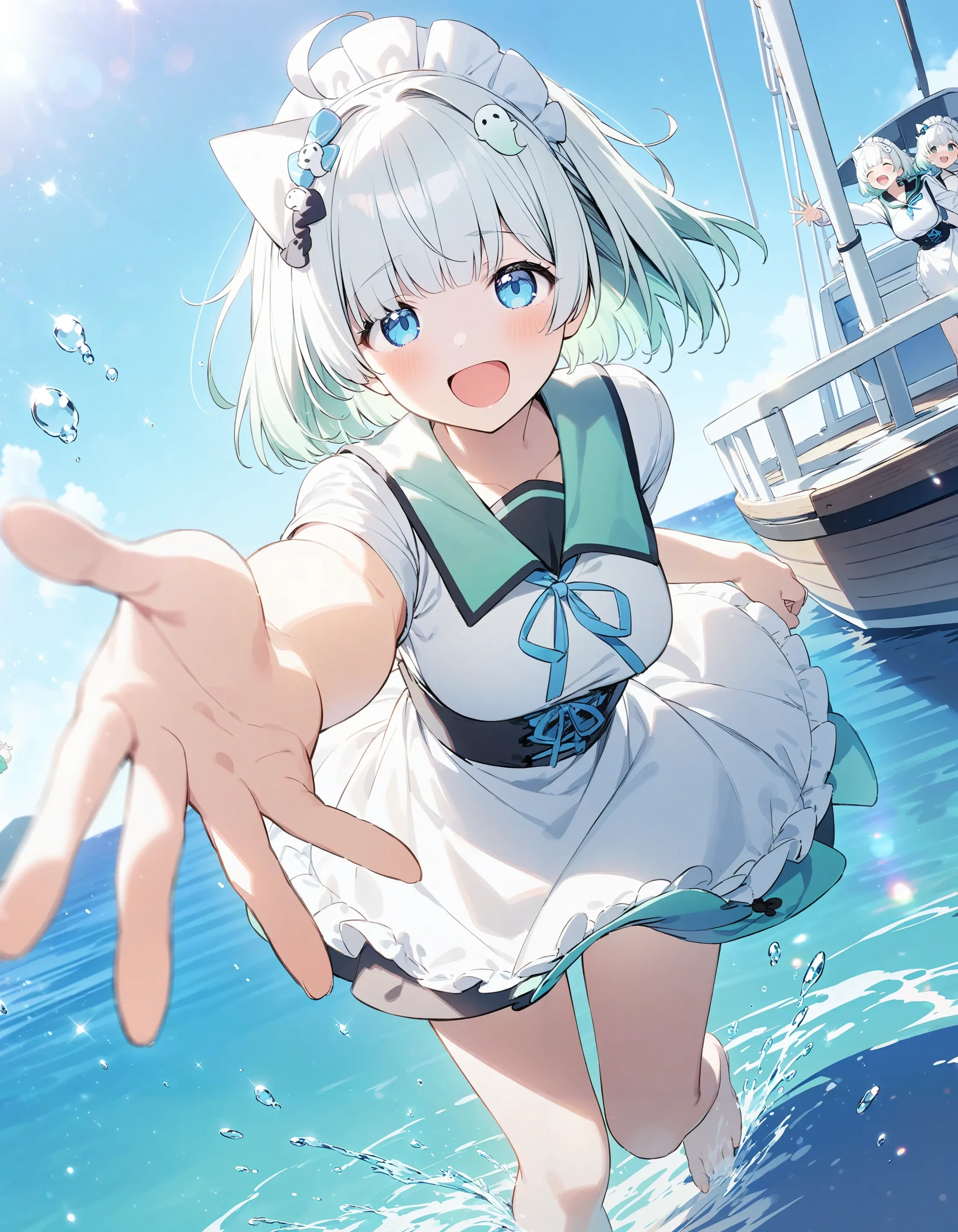 1girl, mint fantome \(sailor\), doremi, official art, blue archive,
feet out of frame, apron, ghost hair ornament, maid headdress, white dress, boat, light particles, happy, open mouth, ocean, water, solo focus, reaching towards viewer,
best quality, masterpiece, perspective, splashing, dappled sunlight
<lora:char_mintfantome-v2_1_res:1>