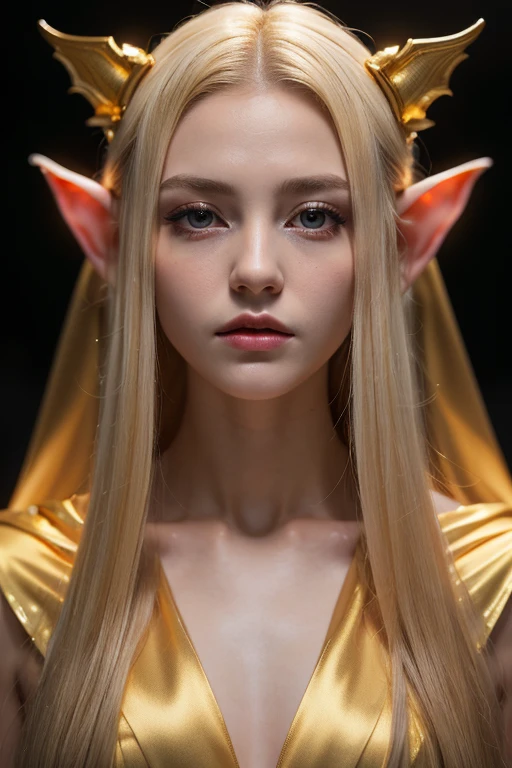 (RAW, professional,masterpiece:1.2), (melancholic:1.2), cinematic lighting, 20 years old, 1girl, elf ears, (transparent golden silk cloak), white blank background night, dark dramatic, Exaggeration, Dark Aesthetic, half body, portrait