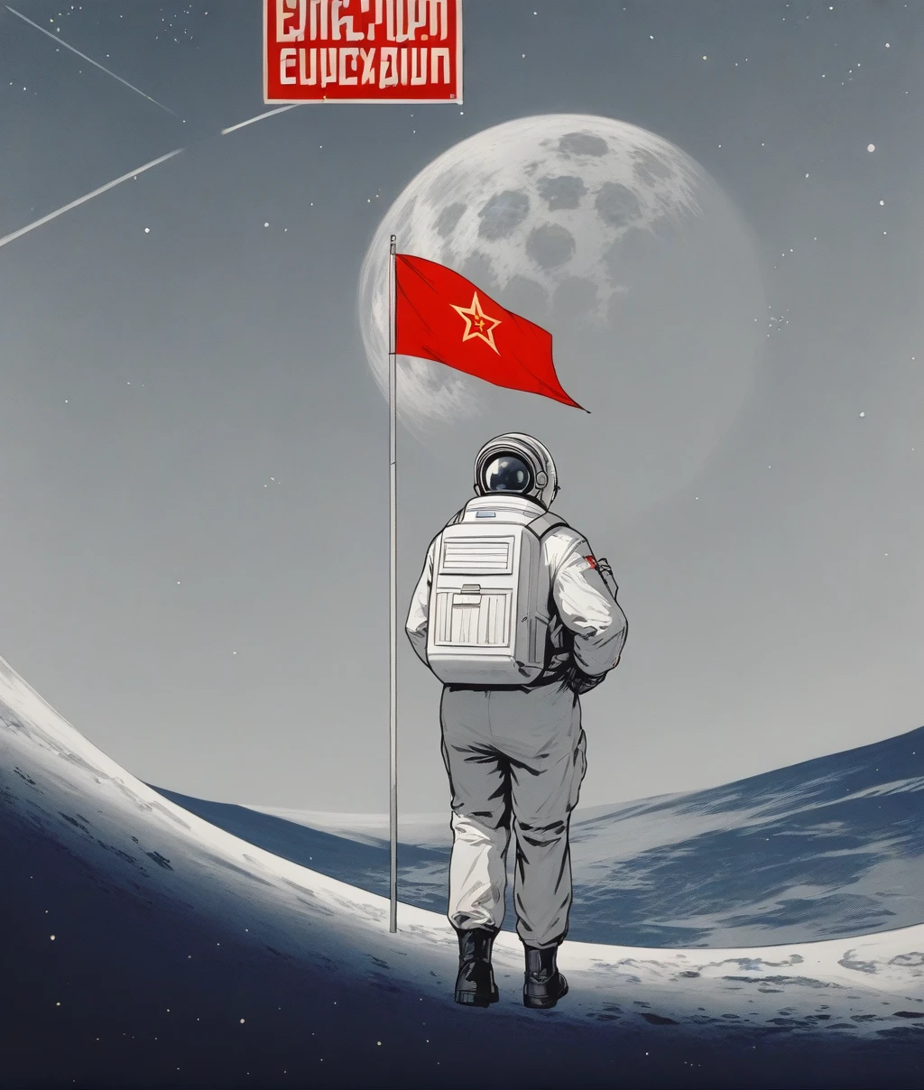 score_9, score_8_up, score_7_up, 2D, anime, source_anime BREAK
(russian text), soviet poster, poster,
(red:1.5), monochrome, star \(sky\),
CCCPposter, solo, 1boy, standing, helmet, space, planet, spacecraft, (spacesuit, astronaut), soviet flag, back,
a man standing on the moon facing earth,
<lora:CCCPposter-ponyXL:1>,