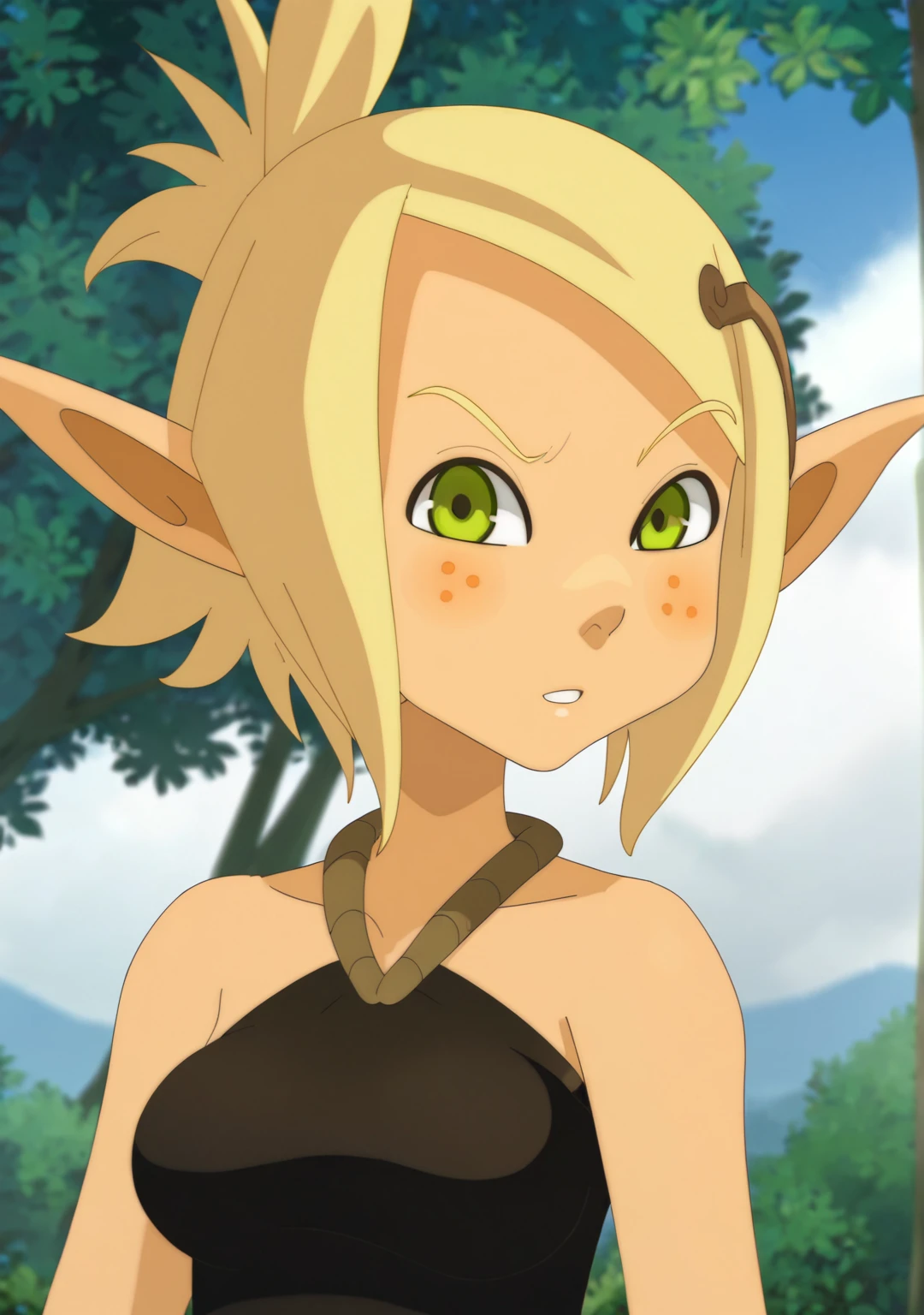 score_8_up, score_7_up, anime screenshot, looking at viewer, clouds, upper body, 
<lora:Evangelyne (Autism SDXL)-000009:0.8> 1girl, evangelyne s1, short hair, ponytail, blonde hair, hair ornament, pointy ears, light freckles, green eyes, black dress, brown gloves, 
BREAK
official wallpaper, atmospheric perspective, looking at viewer, tree,