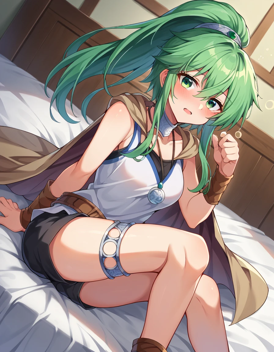 score_9, score_8_up, score_7_up, source_anime,
windapriestessofgusto, <lora:winda-priestess-of-gusto-ponyxl-lora-nochekaiser:1>,
winda priestess of gusto, green eyes, green hair, long hair, ponytail,
choker, cape, brown cape, jewelry, pendant, anklet, black shorts, collarbone, shirt, short shorts, shorts, sleeveless, sleeveless shirt, thighlet, white shirt,
indoors, bed, bed room, on side, blush, drunk,
looking at viewer, cowboy shot, dutch angle,