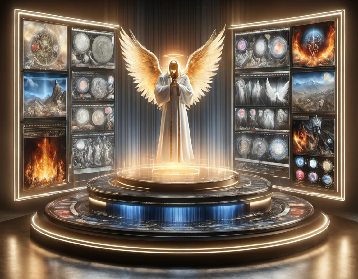 a display stand for a fallen angel with details about heaven and hell and biblical stories