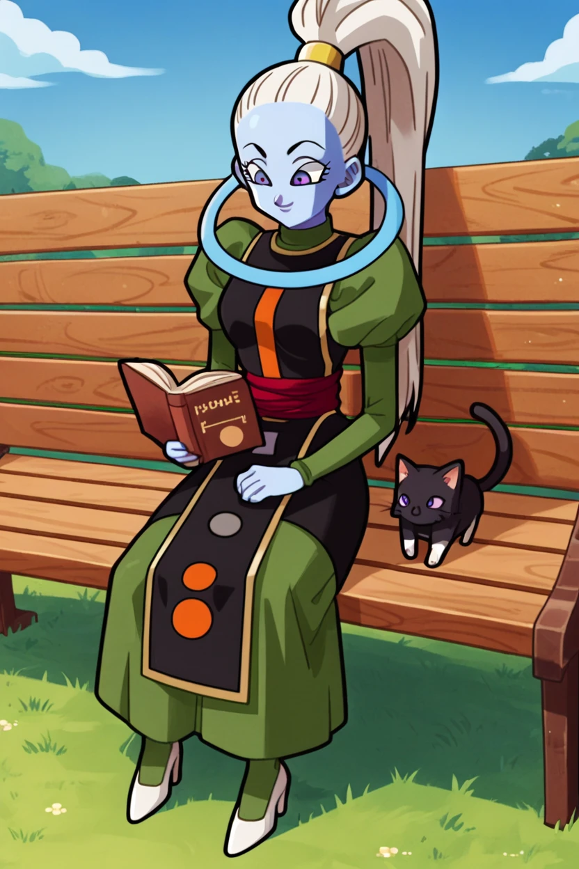 score_9, score_8_up, score_7_up,score_6_up,score_5_up,score_4_up,cute,kawaii,chibi, vados, 1girl,light blue skin,animal,cat, solo, white hair, purple eyes,long hair, sitting, bench, reading, book, grass, blue sky, green dress, black tabard,white shoes,high heels, green pantyhose,halo, smile,red sash, high ponytail,black high-waist skirt,  <lora:VadosPony_v1:1>