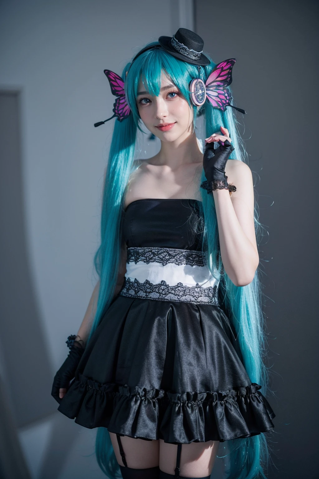 best quality, masterpiece, realistic, photorealistic, 1girl, solo, looking at viewer, smile, standing, cowboy shot, hatsune miku cosplay costume, hatsune miku, cosplay, twintails, aqua hair, very long hair, strapless dress, dress, fingerless gloves, mini hat, butterfly hair ornament, hair ornament, headphones, butterfly headphones, thighhighs, grey background, <lora:miku_cosplay_magnet_v1:0.6>