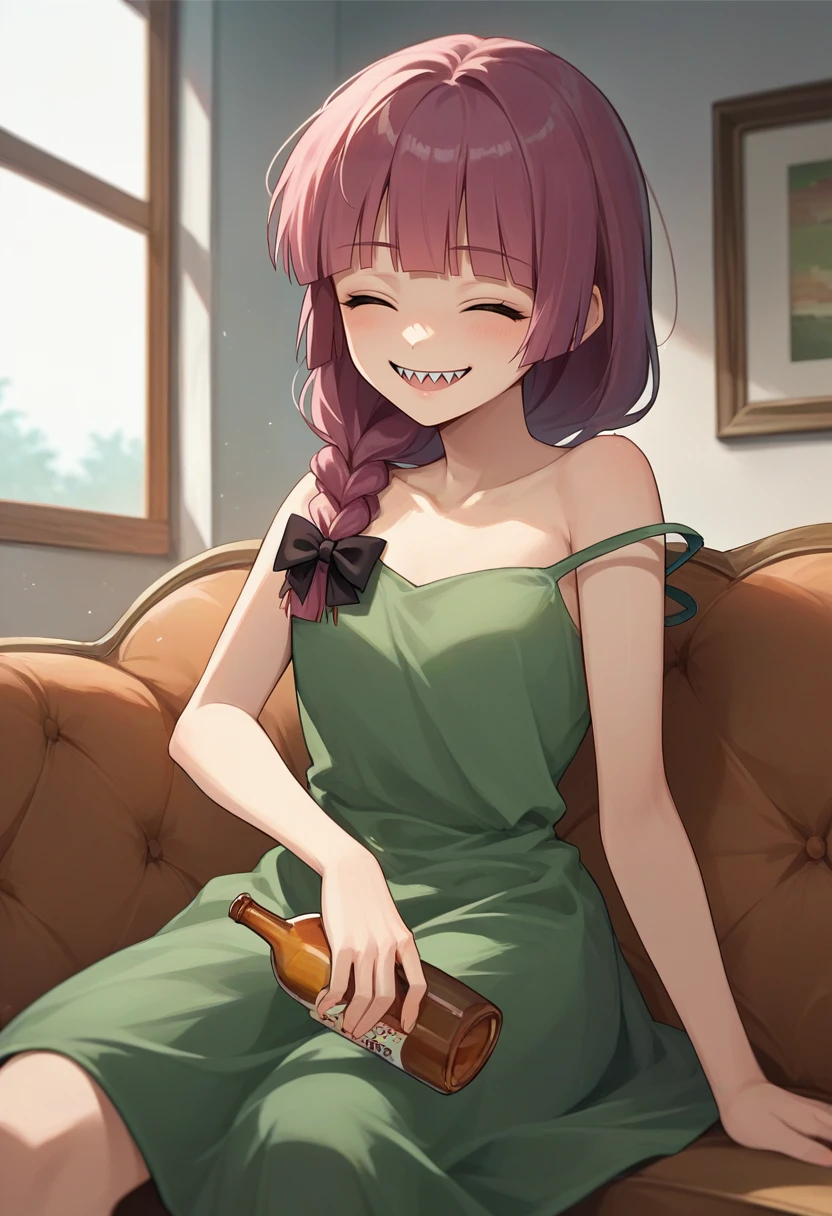 score_9, score_8_up, score_7_up, source_anime, solo, 1girl, hiroi kikuri, sharp teeth, smile, sitting, couch, holding alcohol, single braid, hair over shoulder, hair bow, closed eyes, green dress, strap slip, bare shoulders, indoors <lora:bocchi_hiroi_ponyXL:1>