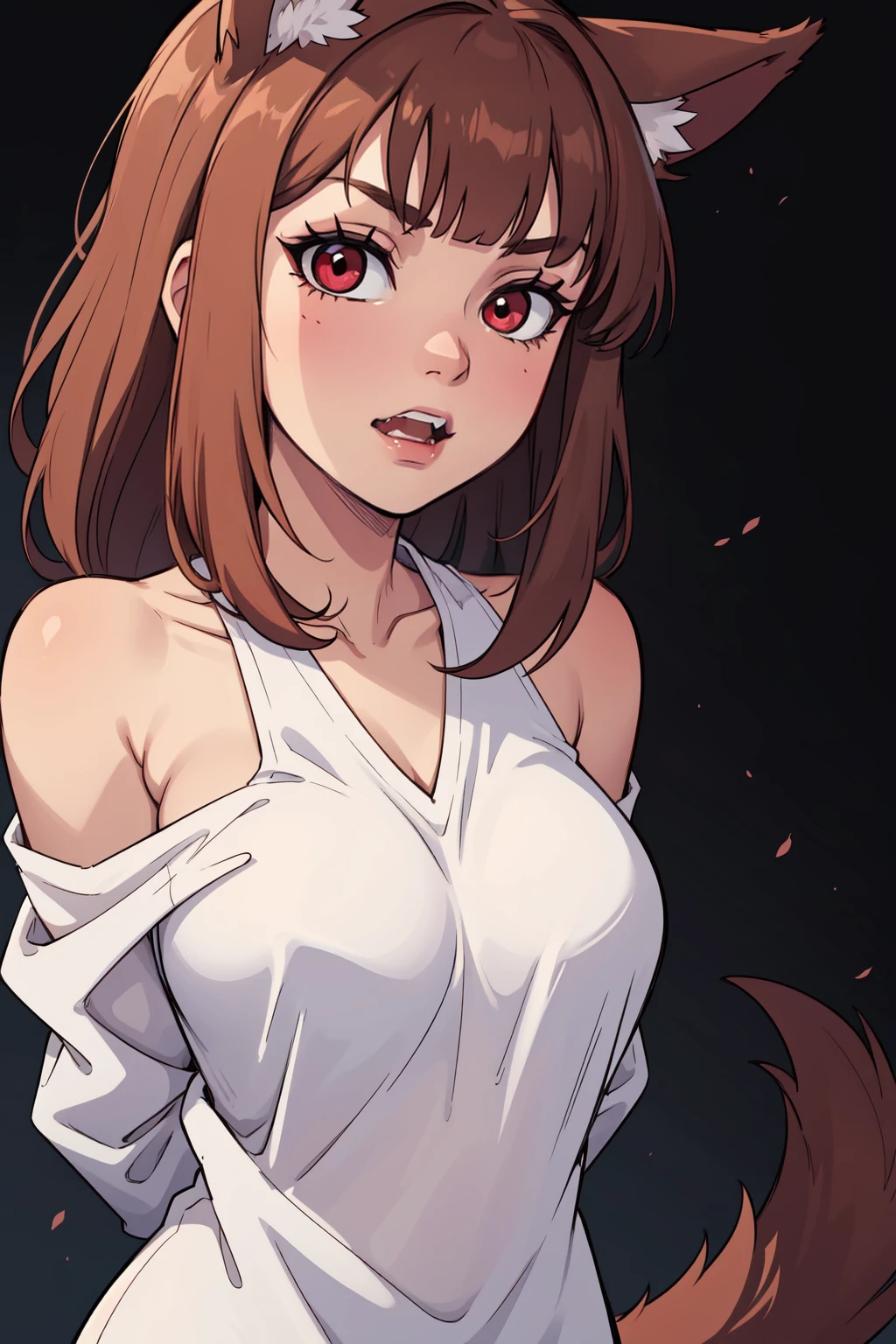 (masterpiece,best quality,absurdres,beautiful,aesthetic,detailed),
BREAK
holo,	Ookami to Koushinryou,fangs, tail, real dog ears, red eyes, brown hair, long hair,<lora:HoloSpiceAndWolf_TEKKIO:0.7>,skin fang
BREAK
(shirt, bare shoulders:1.3)
BREAK
(leaning towards:1.3)_(arms behind back:1.3)
BREAK
(close-up:1.3)
BREAK
(location:1.3)