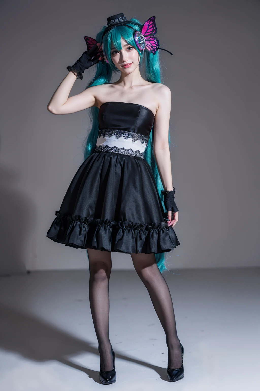 hatsune miku cosplay costume, hatsune miku, cosplay, twintails, aqua hair, very long hair, strapless dress, dress, fingerless gloves, mini hat, butterfly hair ornament, hair ornament, headphones, butterfly headphones, thighhighs, high heels ((knee shot)), ((Shoot at random angles)), ((Visible cleavage)), ((E-cup)), ((I-type Valley)), ((Warm colors)), Long-range shooting, A beautiful woman,Elegant posture,Standing,Slender figure。Her legs are slender and straight,Cross placement,Forming a perfect diagonal composition。Head gently sideways,Long blond hair falls naturally,Gently brushing her shoulders。Soft colors,In stark contrast to her fair skin。The edge of the skirt ripples gently,As if swaying in the breeze。Her eyes were gentle,There is a faint smile on the lips。The whole picture looks very harmonious and beautiful