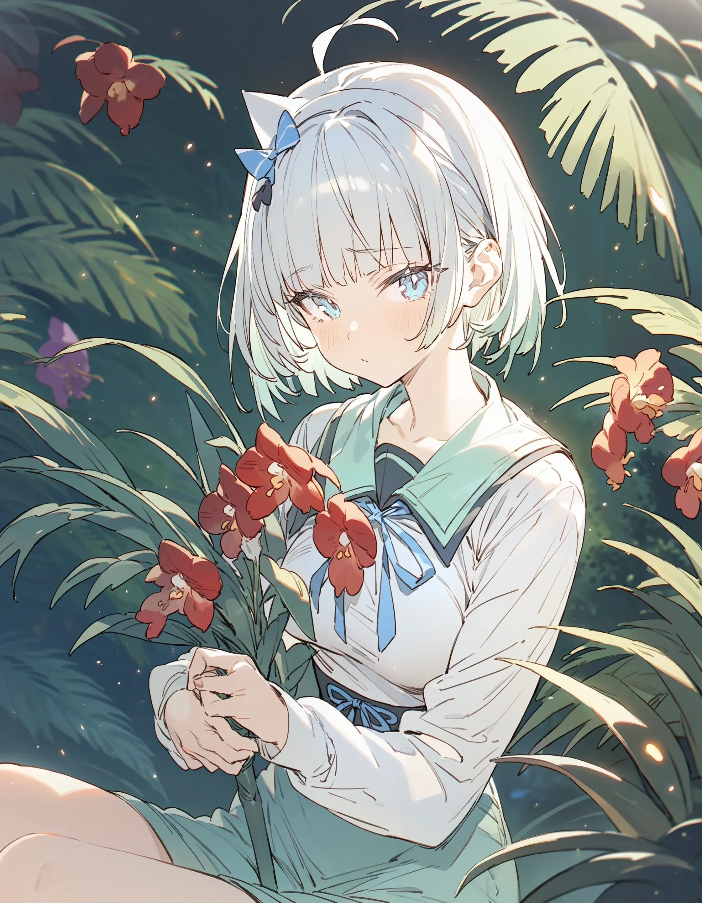 1girl, mint fantome \(sailor\), hxxg, modare, own hands together,
light particles, ghost, blue ribbon, black ribbon,
jungle, fern, holding plant, orchid, red flower, dappled sunlight,
best quality, masterpiece
<lora:char_mintfantome-v2_1_res:1>