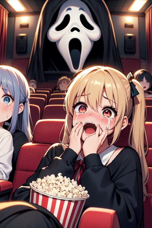 (((masterpiece))), (((best quality))), (((ghost))), (((full body))), (((horror movie))), (((crowd))), ((hands on own face)), ((cinema seating)), ((scared)), ((crying with eyes open)), popcorn, cocacola, disposable cup, plaid jacket, stairs, night, open mouth, 1girl, big tits, ribbon, sweat, shy, blush, slim figure, <lora:girllikehorrormovie:0.8>