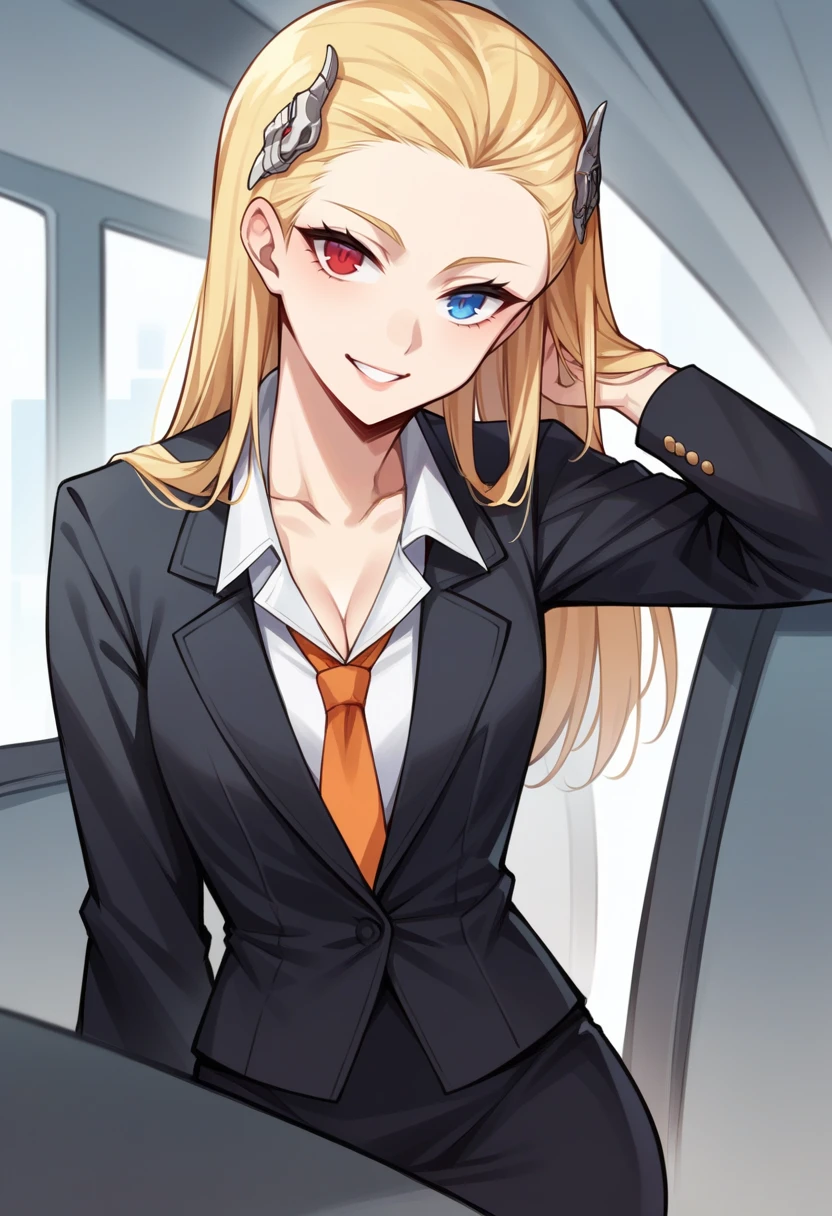 score_9, score_8_up, score_7_up, source_anime BREAK 1girl, solo,   <lora:zs_LouisaXL:1> louisasmtj, long hair, blonde hair, heterochromia, red eyes, blue eyes, hairclip, cleavage, spaceship interior, black suit, white shirt, pencil skirt, orange tie, looking at viewer, smile