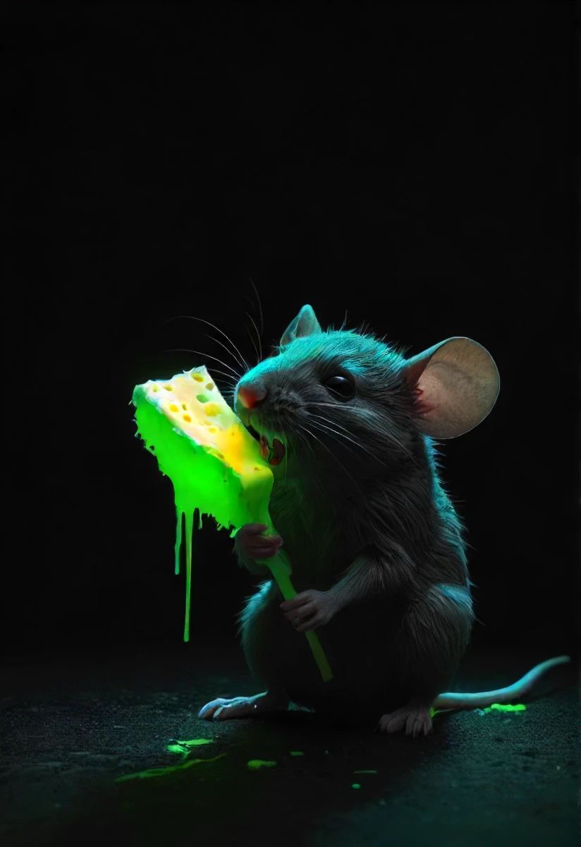 a dark mouse veiled in shadows is chewing a broken yellow glowing neon glow-stick cheese, leaking glowing fluid substance, neon colored glowing, drool, messy glowing (fur strands:1.1) made out of green glowing (neon fiber:1.1), dark background. <lora:- SDXL - vant_blk_contrast_V2.0:0.8>