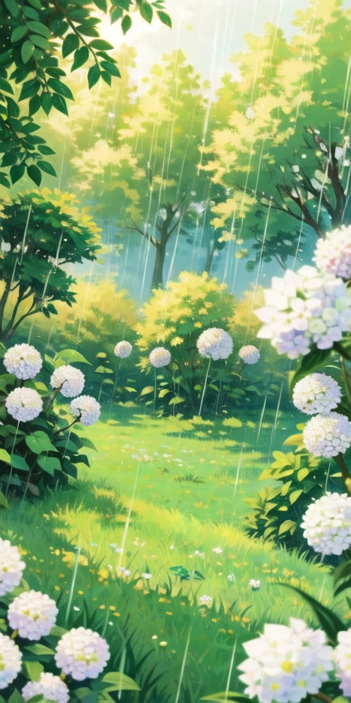 (Best quality,masterpiece:1.2), <lora:NewFlat2-000014:0.5>,Art\(Illustration\), season\(spring\), warm colors, outdoors, bush, flower, hydrangea, tea garden, rain, scenery, grass, white flower, leaf, day, blurry, blurry foreground, depth of field, no humans