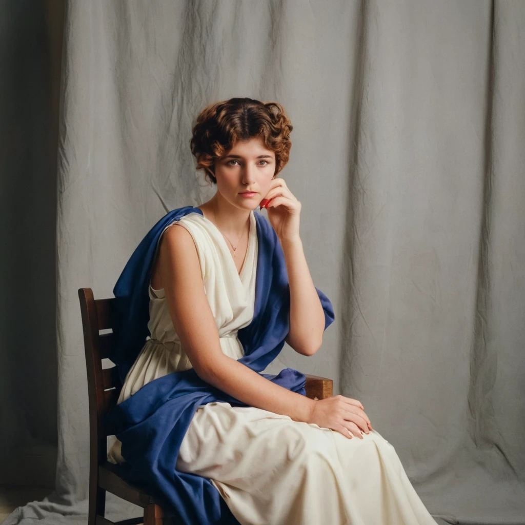 cinematic film still of  <lora:Columbia picture model:1>
Jenny Joseph columbia picture model a beautiful sad short curly hair woman sitting on a chair in a photography studio with a Greek dress,1girl,solo,short hair,brown hair,dress,jewelry,sitting,nail polish,white dress,watermark,red nails,web address,realistic,fine art parody , realistic, sharp, detailed, classic, model, modeling, photography, artistic, Columbia picture style, shallow depth of field, vignette, highly detailed, high budget, bokeh, cinemascope, moody, epic, gorgeous, film grain, grainy