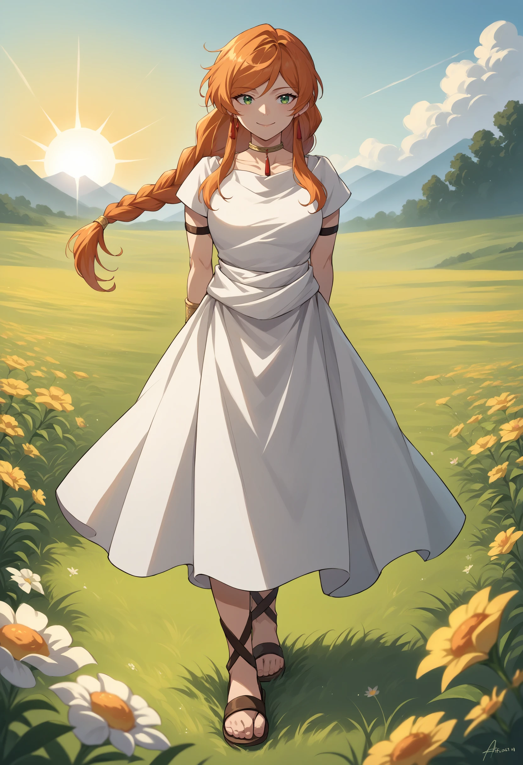 score_9, score_8_up, source_anime, 1girl, solo, FlammeFrieren, orange hair, green eyes, long hair, braided ponytail, earrings, choker, armlet, bracelet, white dress, white sash, short sleeves, sandals, outdoors, arms behind back, smile, open field, flower, sun, <lora:ChamFlammePonyXL:1>