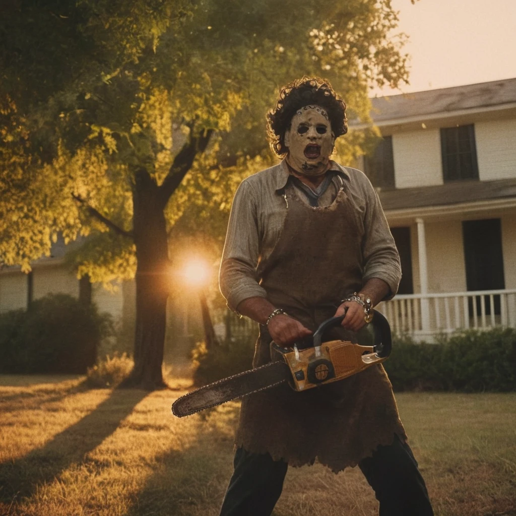 cinematic film still of  <lora:Leatherface:0.9>
Leatherface a zombie holding a gun in front of a house,The Texas Chain Saw Massacre style,open mouth,1boy,weapon,male focus,tree,blood,pov,sunset,death,corpse , realistic, sharp, detailed, classic, 1970's, horror, photography, artistic, perfect chainsaw, crazy, shallow depth of field, vignette, highly detailed, high budget, bokeh, cinemascope, moody, epic, gorgeous, film grain, grainy