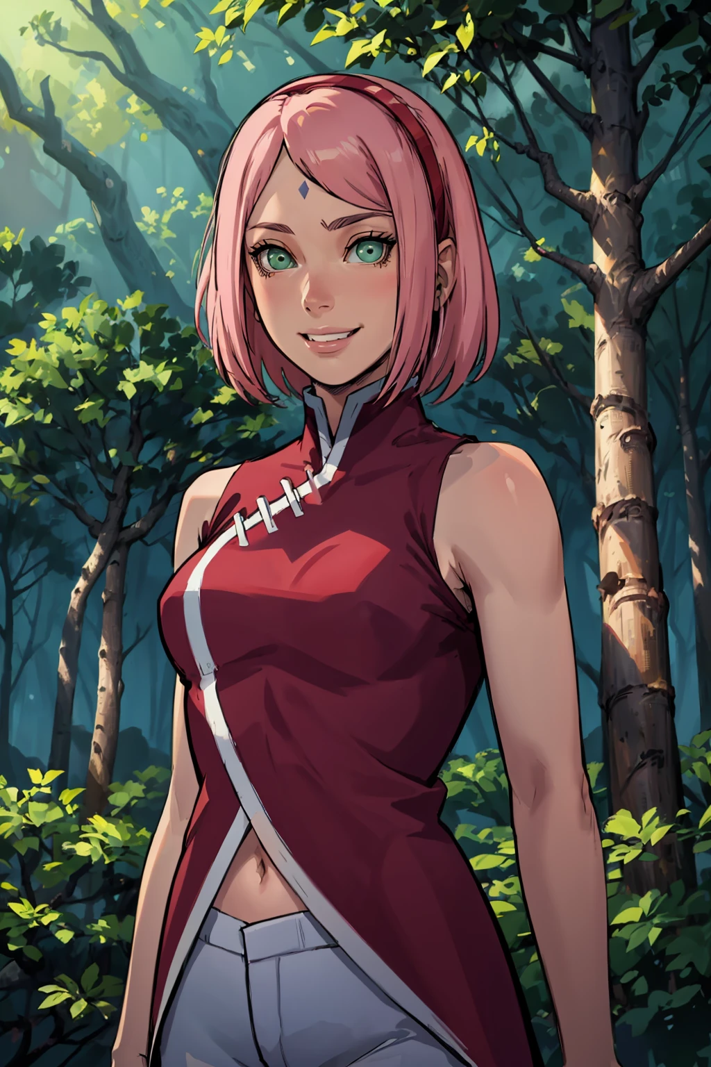 masterpiece, best quality,
1girl, haruno sakura, pink hair, short hair, green eyes, hairband, forehead mark, red sleeveless dress, navel, white pants,
upper body, smile, looking at viewer, trees, forest background   <lora:SakuraBoruto:1>