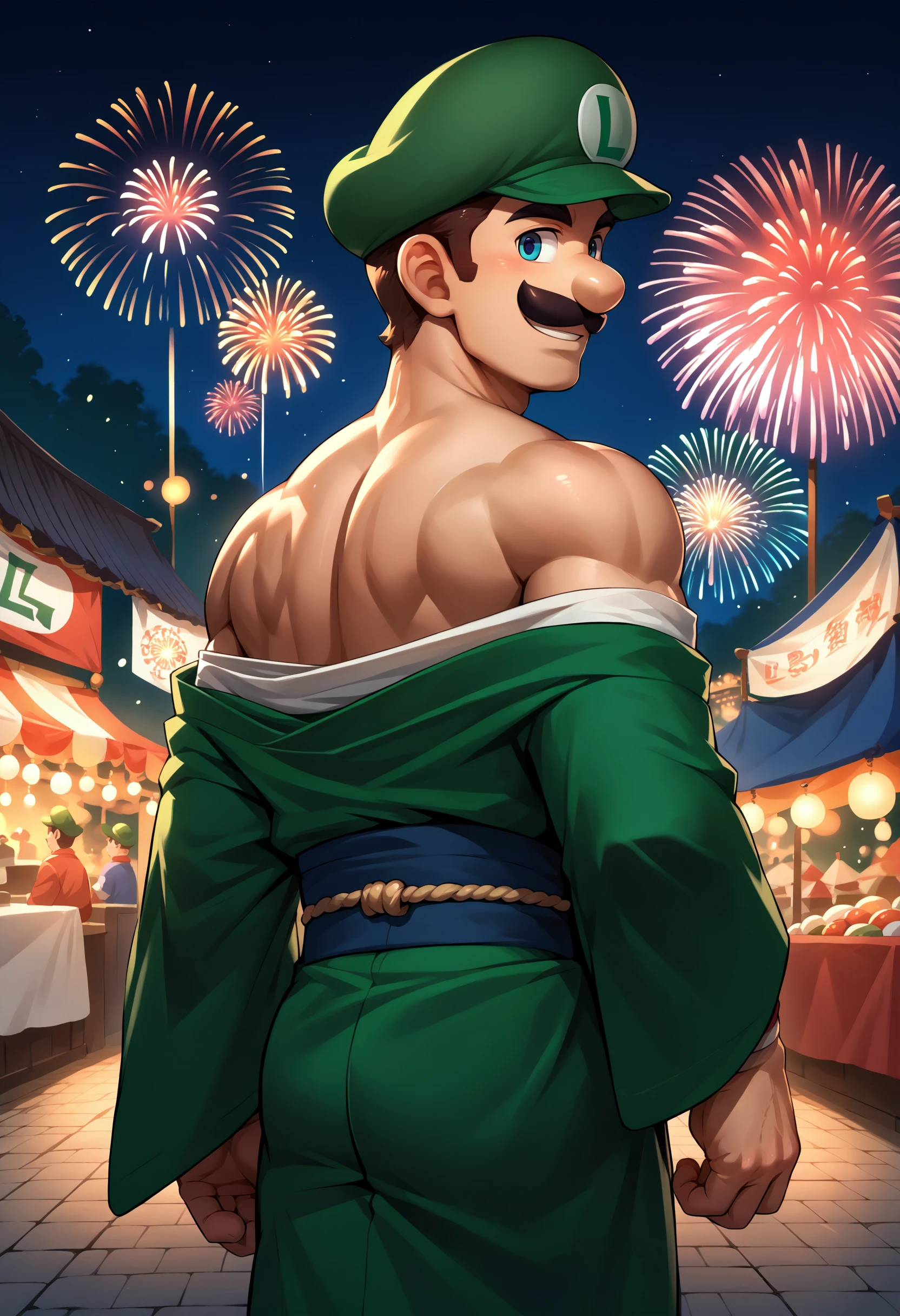 score_9, score_8_up, score_7_up, source_anime, 1boy, solo, male focus, Incrsluigi, luigi, green headwear, cowboy shot, smile, <lora:Luigi_XLPD:1>, kimono, from behind, off shoulder, festival, muscular, night, fireworks, looking at viewer,