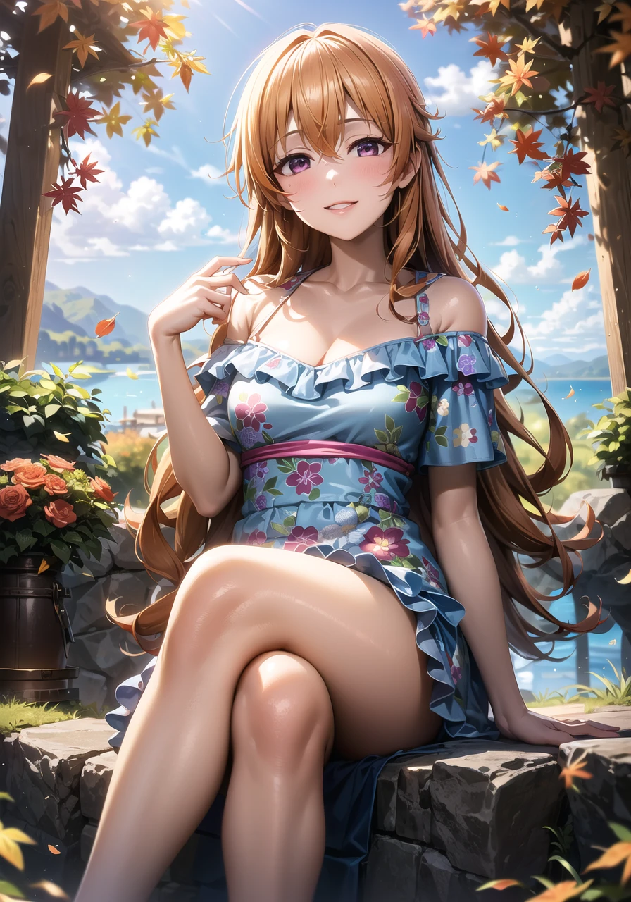 (masterpiece, best quality, ultra-detailed), (illustration), (beautiful detailed eyes), 1girl, solo, <lora:kanata_loraV1.1:0.65> konoe kanata, long hair, (orange hair, brown hair:1.2), purple eyes, bangs, medium breasts
dress, collarbone, groin, cleavage, thighs, bare shoulders, frills, frilled dress, floral print
 light smile, cowboy shot, tareme, (sitting, crossed legs:1.3)
(outdoors, lake, forest, blue sky, greenery, rocks, trees, leaves, autumn leaves:1.1), depth of field,  <lora:add_detail:0.4> <lora:GoodHands-vanilla:1> <lora:tareme:0.4>, <lora:apstyle2:0.55> apstyle3 apstyle, ah1, <lora:1651489307798708599:0.6>