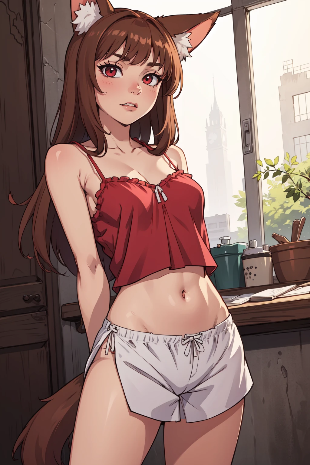 (masterpiece,best quality,absurdres,beautiful,aesthetic,detailed),
BREAK
holo,	Ookami to Koushinryou,fangs, tail, real dog ears, red eyes, brown hair, long hair,<lora:HoloSpiceAndWolf_TEKKIO:0.7>,expressionless
BREAK
(camisole, strap slip:1.3)
BREAK
(leaning towards:1.3)_(arms behind back:1.3)
BREAK
(asymmetrical:1.3)
BREAK
(location:1.3)