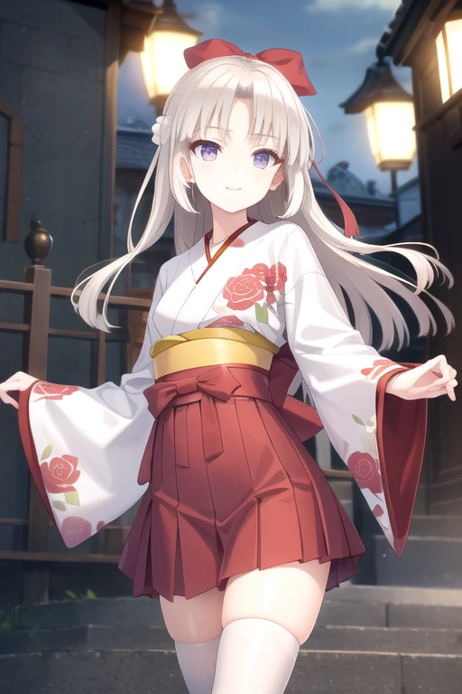 ((masterpiece)),(best quality),official art,extremely detailed CG,unity 8k wallpaper,ultra detailed,beautiful detailed eyes,extremely detailed face,outdoors,1girl,solo,cowboy shot,looking at viewer,facing viewer,smile,(petite:1.2),Otobe Supika,very long hair,white hair,shiny hair,hair intakes,straight hair,hair ribbon,hair bow,red bow,floating hair,sidelocks,parted bangs,purple eyes,floral print,japanese clothes,print kimono,white kimono,white flower,rose,blue hakama,long sleeves,wide sleeves,sleeves past wrists,medium breasts,hakama skirt,high-waist skirt,white thighhighs,high heel boots,<lora:Otobe Supika(tnf):0.9>,