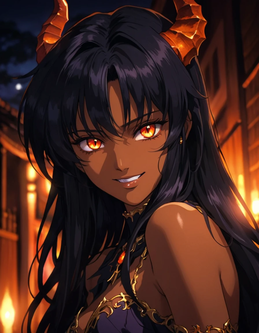 anime artwork beautiful detailed portrait, dark-skinned sexy demon girl, long wavy black hair, beautiful detailed face, orange glowing eyes, devious grin, best quality, extemely detailed, cinematic, ((dark lighting, dark ambiance, middle of the night)) . anime style, key visual, vibrant, studio anime, highly detailed