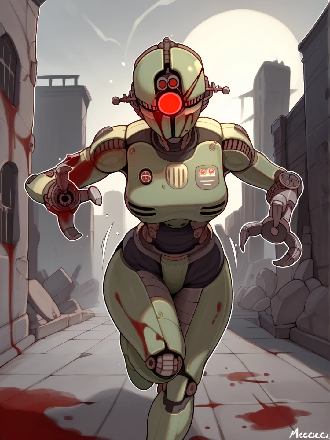 score_9, score_8_up, score_7_up, score_6_up, score_5_up, source_anime, [SoSo|kame 3], (rhc:1.1), assaultron, fallout, 1girl, solo, breasts, looking at viewer, robot, humanoid robot, robot joints, one-eyed, joints, no humans, green body, mechanical arms, crotch plate, science fiction, (post-apocalypse, building, ruins, outside:1.2), green armor, (robotic hand, 3 fingers:1.3), running, running towards viewer, action pose, movement, motion lines, emanata, chasing, (night, detailed background, (moonlight:1.2), blood, blood on face, blood on body, fight, 1 eye, red eyes,
<lora:assaultron_pdxl_:0.8>