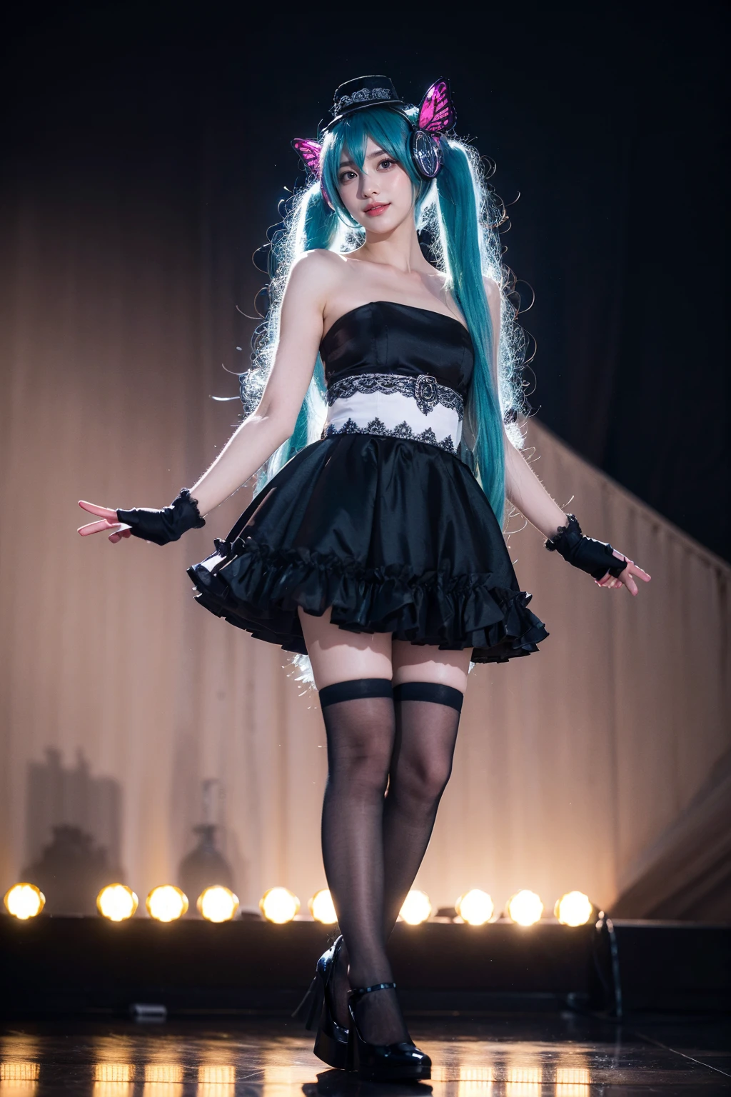 best quality, masterpiece, realistic, photorealistic, 1girl, solo, looking at viewer, smile, standing, full body, arms at side, hatsune miku cosplay costume, hatsune miku, cosplay, twintails, aqua hair, very long hair, strapless dress, dress, fingerless gloves, mini hat, butterfly hair ornament, hair ornament, headphones, butterfly headphones, thighhighs, high heels, in stage, spotlight, bands, audience, <lora:miku_cosplay_magnet_v1:0.6>