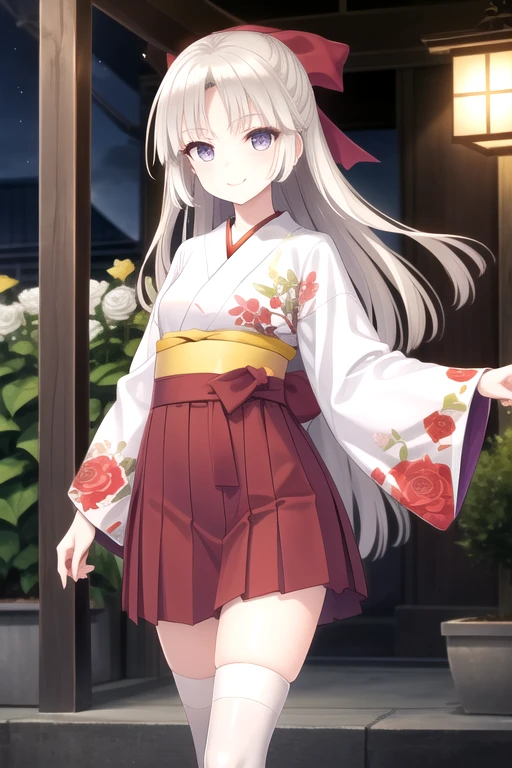 ((masterpiece)),(best quality),official art,extremely detailed CG,unity 8k wallpaper,ultra detailed,beautiful detailed eyes,extremely detailed face,outdoors,1girl,solo,cowboy shot,looking at viewer,facing viewer,smile,(petite:1.2),Otobe Supika,very long hair,white hair,shiny hair,hair intakes,straight hair,hair ribbon,hair bow,red bow,floating hair,sidelocks,parted bangs,purple eyes,floral print,japanese clothes,print kimono,white kimono,white flower,rose,blue hakama,long sleeves,wide sleeves,sleeves past wrists,medium breasts,hakama skirt,high-waist skirt,white thighhighs,high heel boots,<lora:Otobe Supika(tnf):0.9>,
