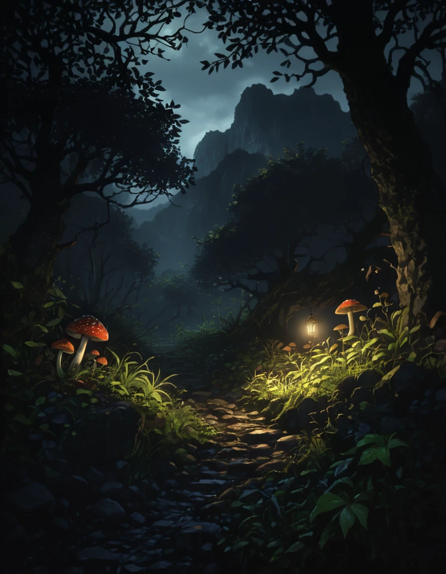 anime artwork dark ambiance, deep wild untamed forrest, beautiful old trees, bushes, shrubs, mossy rocks, leafy branches, foliage, weeds, plants, mushrooms, best quality, extemely detailed, cinematic, (((((dark lighting, dark ambiance, middle of the night))))) . anime style, key visual, vibrant, studio anime, highly detailed