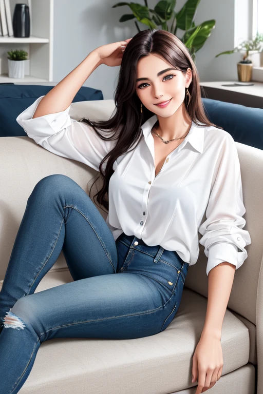 real, (realistic), super detailed, (4k), 8k, 21 year old woman relaxes on a couch in her living room in jeans and a white blouse, smiling