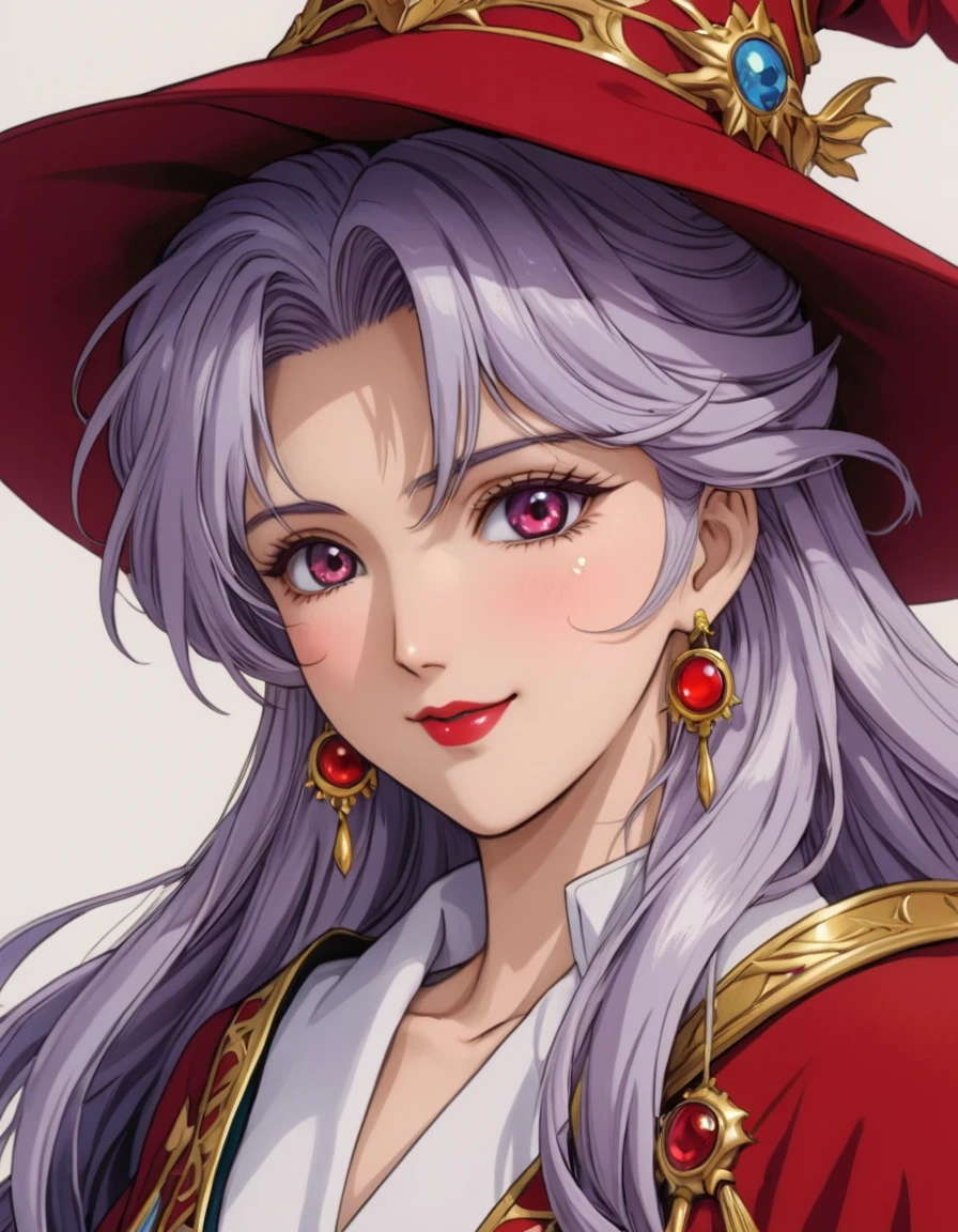 anime artwork beautiful detailed portrait, beautiful mature wizard woman, beautiful detailed face, makeup, lipstick, charming smile, blushing, best quality, extemely detailed . anime style, key visual, vibrant, studio anime, highly detailed