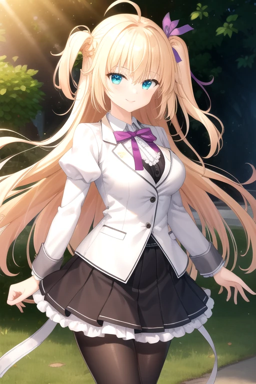((masterpiece)),(best quality),official art,extremely detailed CG,unity 8k wallpaper,ultra detailed,beautiful detailed eyes,extremely detailed face,outdoors,1girl,solo,cowboy shot,looking at viewer,facing viewer,smile,Sakurakouji Tsukuyomi,ahoge,very long hair,blonde hair,one side up,hair intakes,purple hair ribbon,floating hair,hair between eyes,bangs,aqua eyes,school uniform,(white jacket),suit jacket,wing collar,pink neck ribbon,white shirt,collared shirt,center frills,large breasts,underbust,juliet sleeves,puffy sleeves,long sleeves,shirt tucked in,black skirt,pleated skirt,plaid skirt,frilled skirt,black pantyhose,argyle legwear,boots,<lora:Sakurakouji Tsukuyomi(ac):0.9>,