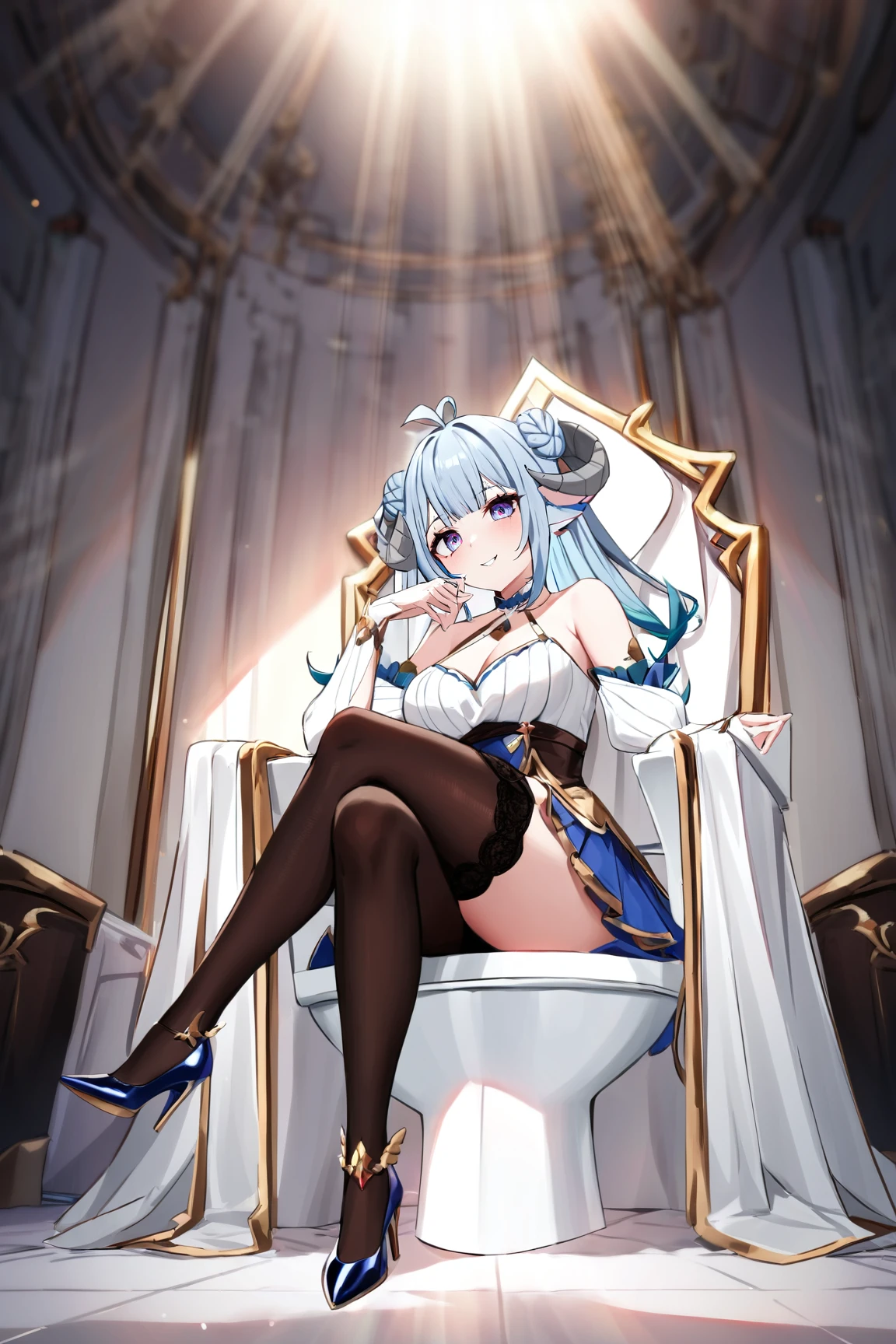 (toilet:1), (MinaiAruma:1.3), 1girl, (evil grin:0.6), 
detached sleeves, black thighhighs, high heels, 
crossed legs, looking at viewer, full body, goddess, sunbeam from top, spotlight, heaven, toilet throne, throne room, 
masterpiece, absurdres, <lora:MinaiArumaXL:1.1>,