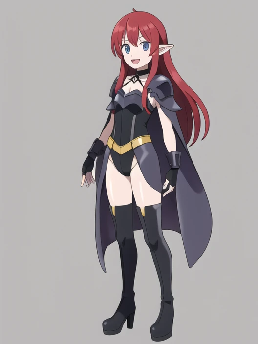 <lora:asatsukifgfff-08:0.8> 1girl, solo, long hair, looking at viewer, smile, open mouth, bangs, blue eyes, simple background, thighhighs, gloves, white background, standing, full body, :d, red hair, boots, choker, pointy ears, black gloves, black thighhighs, fingerless gloves, cape, black footwear, armor, high heels, leotard, thigh boots, black choker, parody, shoulder armor, black leotard, high heel boots, pauldrons, style parody, official style