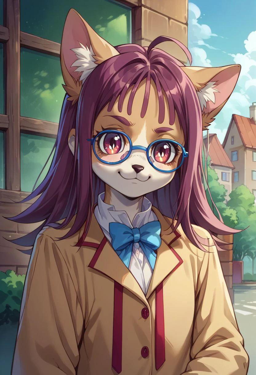 (masterpiece, best quality:1.2), <lyco:touhou_futatsuiwa-10:1.0>, cowboy shot, solo, 1girl, futatsuiwa, smile, closed mouth, looking at viewer, leaf on head, glasses, skirt, raccoon tail