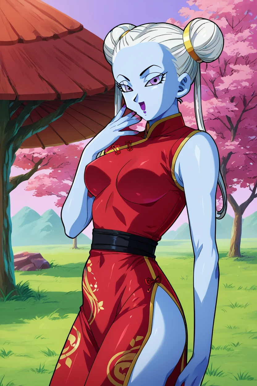 score_9, score_8_up, score_7_up, score_6_up, score_5_up, score_4_up BREAK vados, 1girl, solo, light blue skin, white hair, double bun, purple lips,purple eyes, long hair,red qipao,cowboy shot, looking at viewer, tree, outdoors, grass, plant,east asian architecture,pink sky,open mouth, hand to own mouth, (from side:0.8) <lora:VadosPony_v1:1>