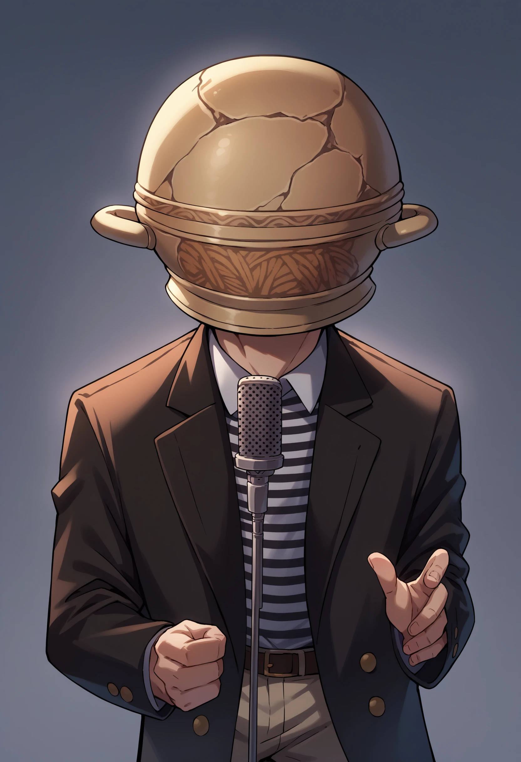 score_9, score_8_up, score_7_up, source_anime, 1boy, IncrsNeverGonnaGiveUUp, smile, looking at viewer, microphone, microphone stand, upper body, black jacket, striped shirt, open mouth, suit, open jacket, <lora:NeverGonnaGiveYouUp_XLPD:1>, <lora:ChamLetMeSoloHerPonyXL:1> LetMeSoloHer, pot helmet, LetMeSoloHer, pot helmet,