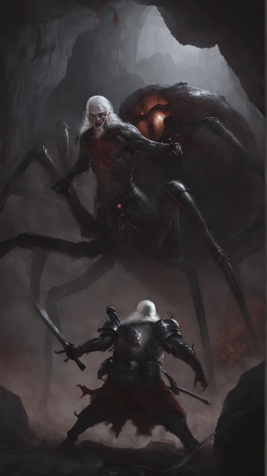 <lora:4r4chn1dXL:0.9> fantasy 4r4chn1d 1boy, (cloth:0.8),  solo, warrior, arachnid, angry, evil, character focus, White hair, red skin, corpse,cavern,weapon, combat stance, attacking, fearsome, scary horror \(theme\),  (in  __LocationWildcards/locations_fantasy__:0.5), desktop wallpaper, official_wallpaper, desaturated, atmospheric, concept art