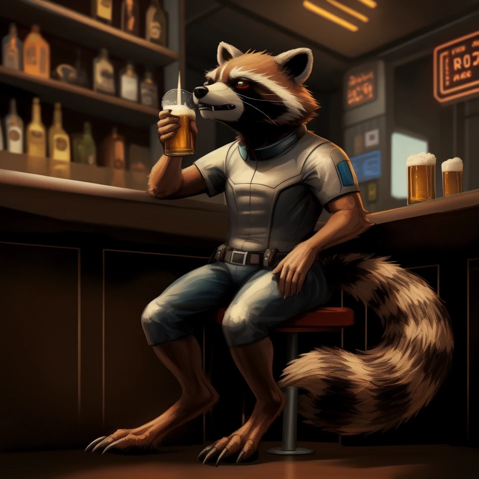 Concept art of Rocket Raccoon sitting at a bar and holding a beer, fluffy tail, sci-fi