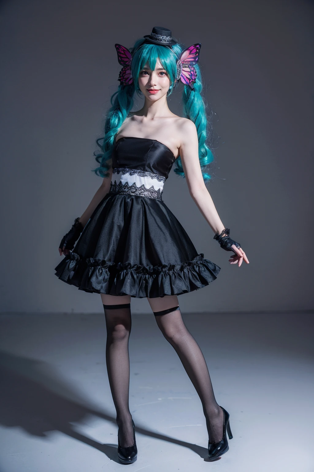 best quality, masterpiece, realistic, photorealistic, 1girl, solo, looking at viewer, smile, standing, full body, arms at side, hatsune miku cosplay costume, hatsune miku, cosplay, twintails, aqua hair, very long hair, strapless dress, dress, fingerless gloves, mini hat, butterfly hair ornament, hair ornament, headphones, butterfly headphones, thighhighs, high heels, grey background, <lora:miku_cosplay_magnet_v1:0.6>