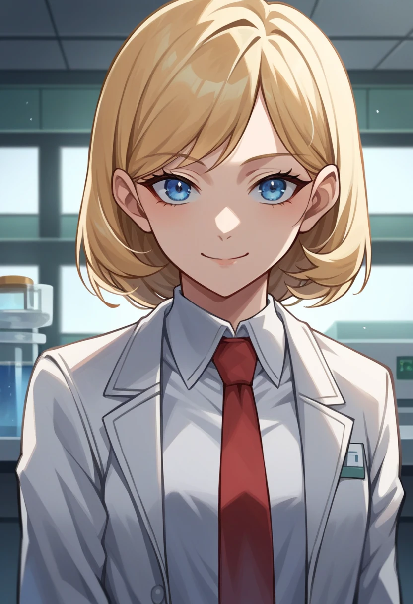 score_9, score_8_up, score_7_up, source_anime BREAK 1girl, solo,  <lora:zs_ZeleninXL:1> zeleninsmtsj, blonde hair, short hair, blue eyes, cowboy shot, laboratory, lab coat, white shirt, red tie, black pants, looking at viewer, smile, mouth closed