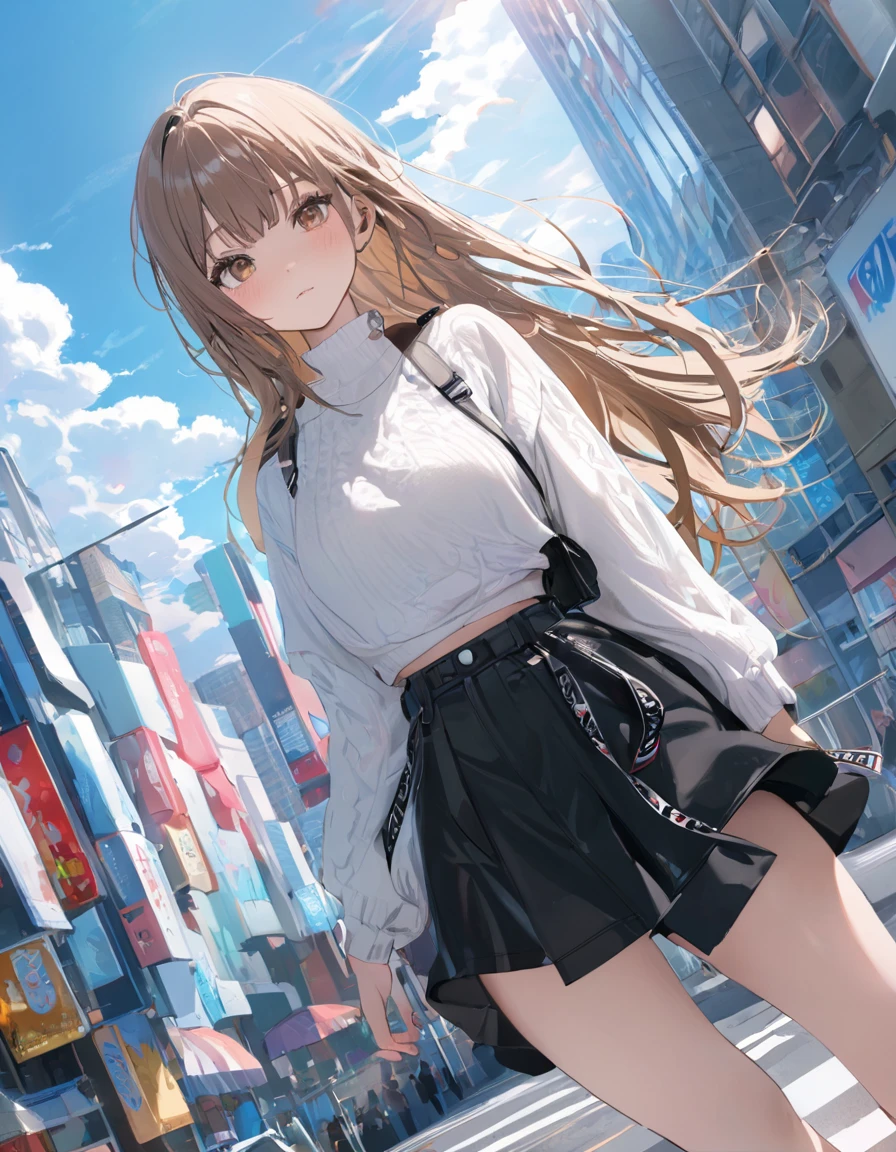 (masterpiece, best quality:1.3), very aesthetic, anime illustration of 1girl, fashionable, street outfit, looking at viewer, long hair, brown eyes, blue sky, cloud, skyscraper, cowboy shot, depth of field, Magnificent view, dynamic angle, chromatic aberration, dreamy atmosphere, newest,