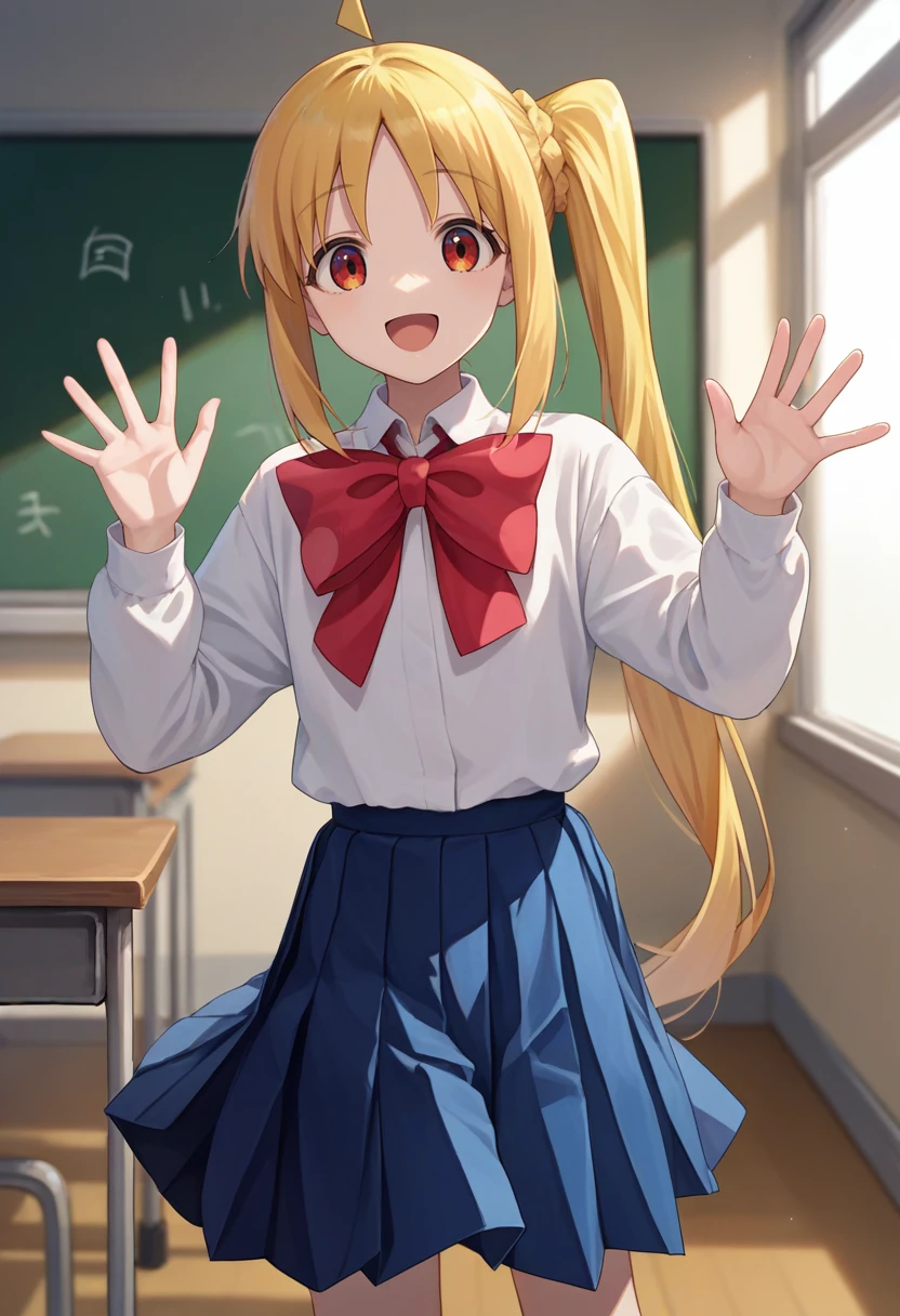 score_9, score_8_up, score_7_up, source_anime, solo, 1girl, ijichi nijika, happy, looking at viewer, standing, waving, ahoge, side ponytail, shimokitazawa high school uniform, white shirt, red bow, long sleeves, blue skirt, pleated skirt, indoors, classroom <lora:bocchi_nijikaijichi_ponyXL:1>