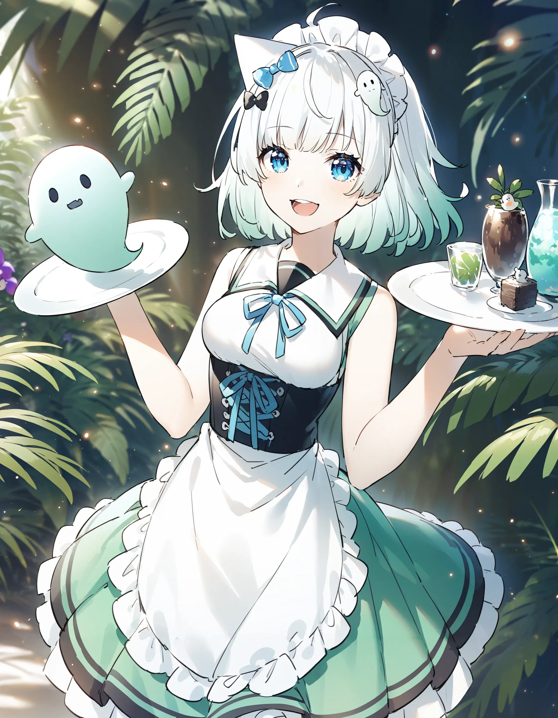 1girl, mint fantome \(sailor\), swkl:d,
maid, light particles, ghost, maid headdress, ghost hair ornament, hair bow, corset, (apron:1.1), green skirt, 
jungle, fern, holding plate, orchid, dappled sunlight, looking at viewer, smile, (ghost:1.1),
best quality, masterpiece
<lora:char_mintfantome-v2_1_res:1>