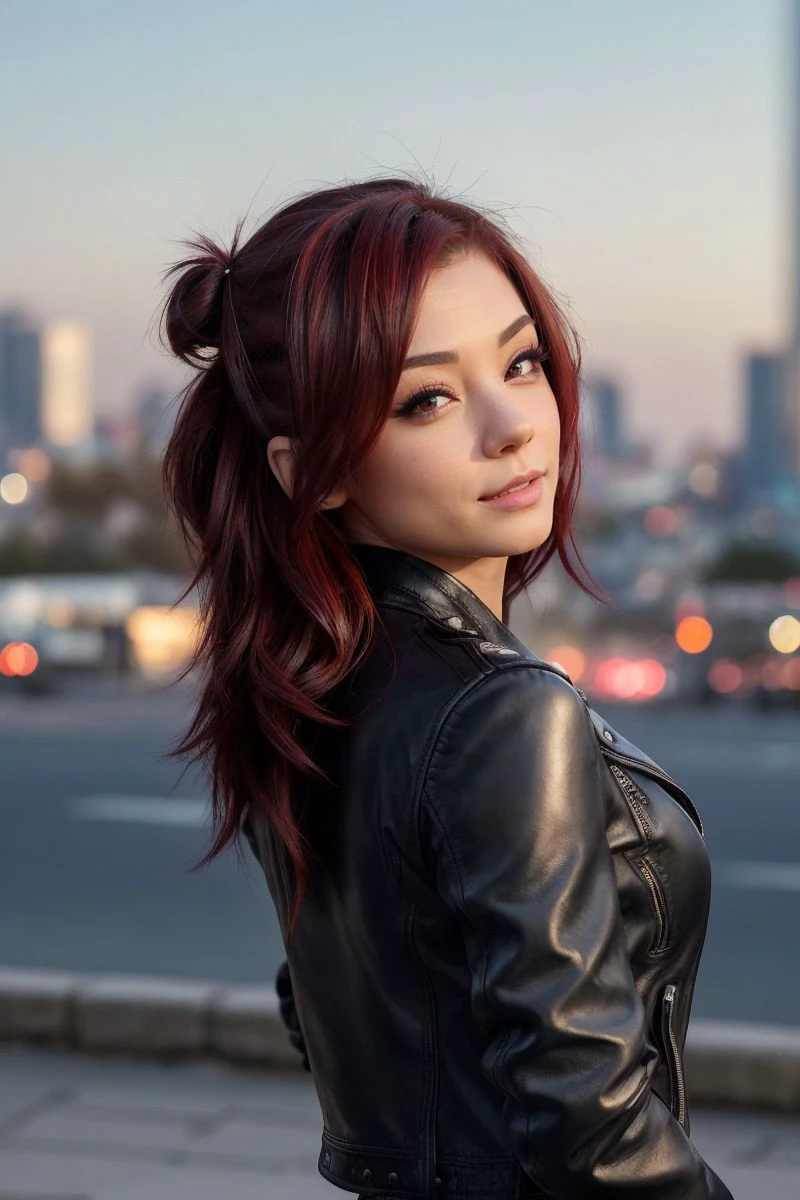 portrait of S368_KylieCole,a gorgeous woman,in a (city:1.1),wearing a (leather-jacket:1.1),(hair-bun),(cityscape),(4k, RAW photo, best quality, 35mm, depth of field, ultra high res:1.1),(intricate, photorealistic, cinematic-shot, masterpiece, ultra-detailed:1.1),