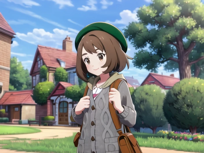 <lora:pokemonswshstyle-08:0.7> 1girl, solo, smile, short hair, bangs, brown hair, long sleeves, hat, dress, brown eyes, closed mouth, standing, outdoors, sky, day, cloud, bag, tree, blue sky, pokemon (creature), buttons, bob cut, backpack, cardigan, grass, building, pink dress, green headwear, door, collared dress, house, holding strap, cable knit, grey cardigan, brown bag, tam o' shanter, hooded cardigan