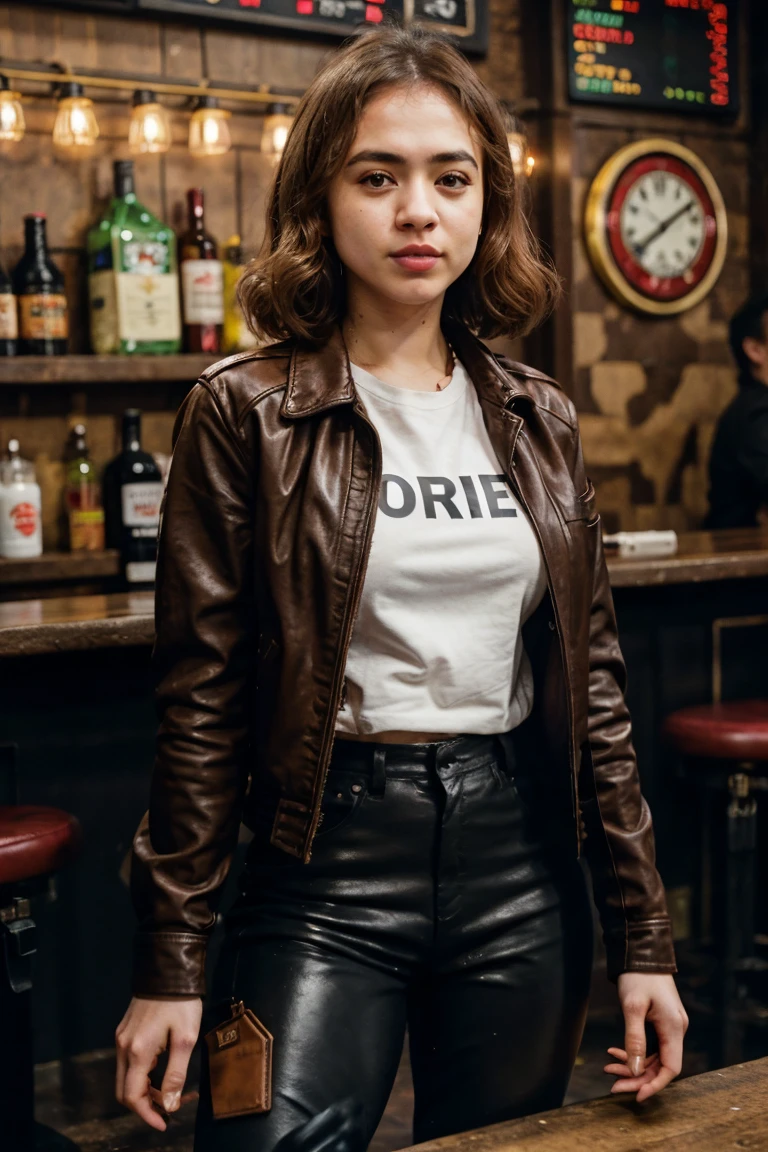 tv_Solomiya_Maievska_M_v2, , , hard expression, wearing biker boots, wearing detailed leather pants, wearing a band t-shirt, wearing a leather jacket, standing at the bar in a biker bar, shot from the side,, 8k resolution, highres, high detail, sharp focus, detailed skin, 8k uhd,
