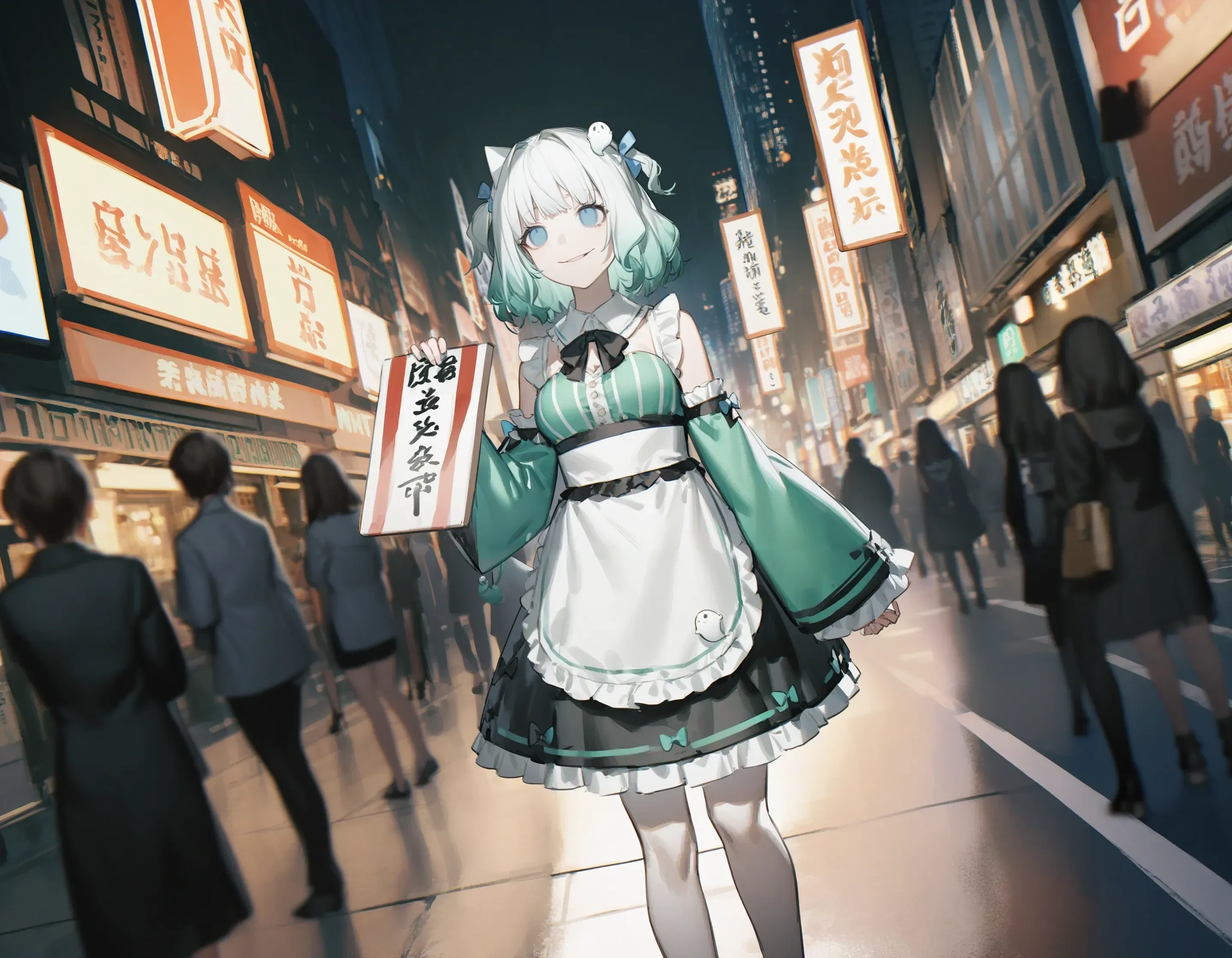 1girl, mint fantome \(frilly\), ata-zhubo, official art, arknights,
ghost hair ornament, blue eyes, gradient hair, ghost, feet out of frame, akihabara \(tokyo\), holding sign,
looking up, street, city, night, city lights, solo focus, expressionless, empty eyes, (crazy smile:1.2), 
best quality, masterpiece, perspective,
<lora:char_mintfantome-v2_1_res:1>  <lora:artist_multi_xl-v2.7:1>