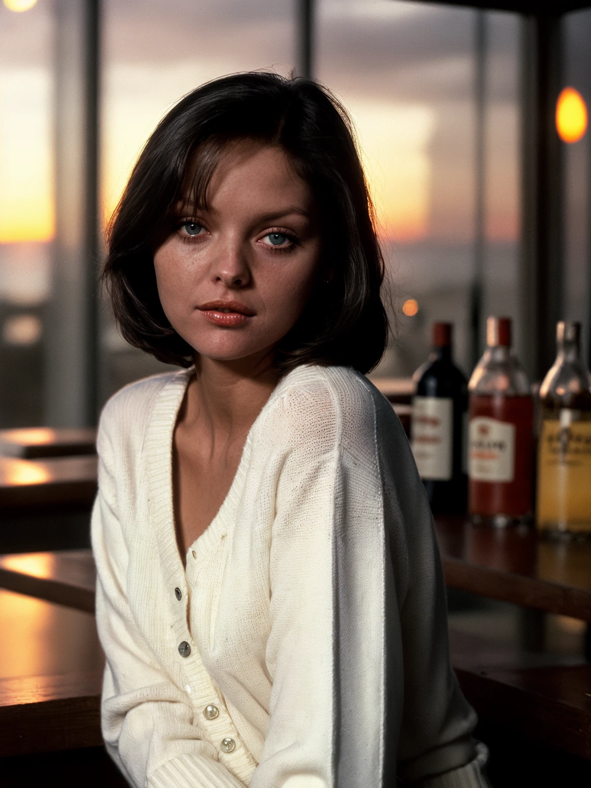 mhpfir wearing a [[white]] sweater, short black hair, in a bar at sunset, <lora:MhPifr_EQ:1>